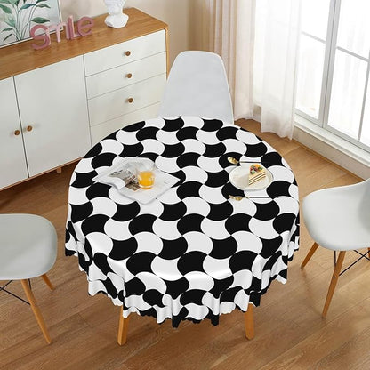 Laeacco 24 Inch Geometric Round Tablecloth Black and White Abstract Pattern Modern Art Print Table Cloth Washable Waterproof Wrinkle Free Table Cover for Kitchen Dining Picnic Party Decoration