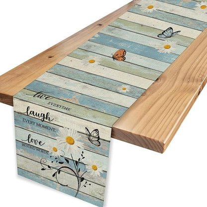 Daisy Floral Table Runner, Spring Summer Floral Flower Blue Wooden Boards Boho - Image 4