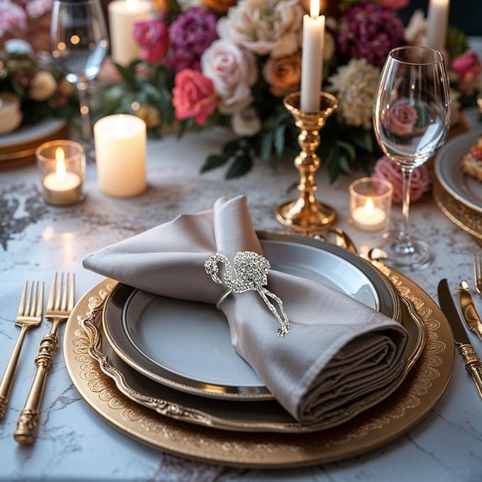 Decozen Set of 16 Silver Napkin Rings in Flamingo Design Festive Table Decor Setting for Holiday Wedding, Birthday, Kitchen, Home Decor Housewarming Gift - Mothers Day Decorations