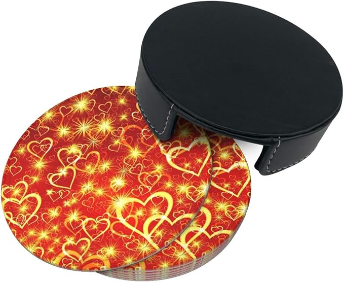 Drink Coasters with Holder Stand Set of 6, Love Heart Yellow Red Pu Leather - Image 7