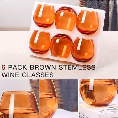 Brown Stemless Wine Glasses Set of 6-15 oz -Modern Hand-Blown Wine Glasses, European Design Crystal Glass For Red & White Wine, Unique Gifts for Wedding, Birthday