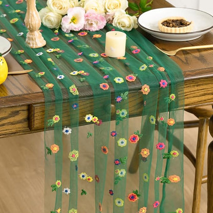 Artoid Mode 3PCS Dark Green Embroidery Daisy Gauze Table Runner 120 Inch | by ArtoidMode