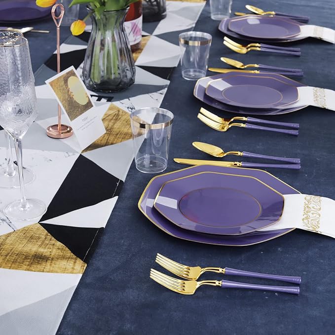 KIRE 140Pcs Purple Plates with Gold Rim - Image 6