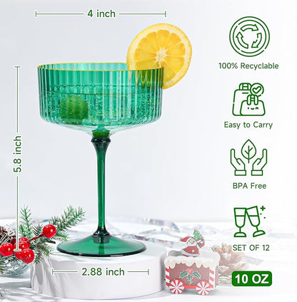 12 PCS Plastic Martini Glasses 10 oz Detachable Gold Rim Green Ribbed Coupe Glasses Vintage Christmas Martini Cocktail Glass for Bar,Margarita,Gin,Tequila, Desserts and Snacks