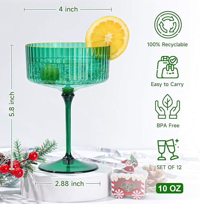 24 PCS Plastic Martini Glasses 10 oz Detachable Gold Rim Green Ribbed Coupe Glasses Vintage Christmas Martini Cocktail Glass for Bar,Margarita,Gin,Tequila, Desserts and Snacks
