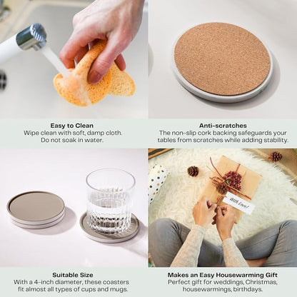 Set of 6 Taupe Coasters with Holder, Absorbent Ceramic Drink Coasters with Cork - Image 4