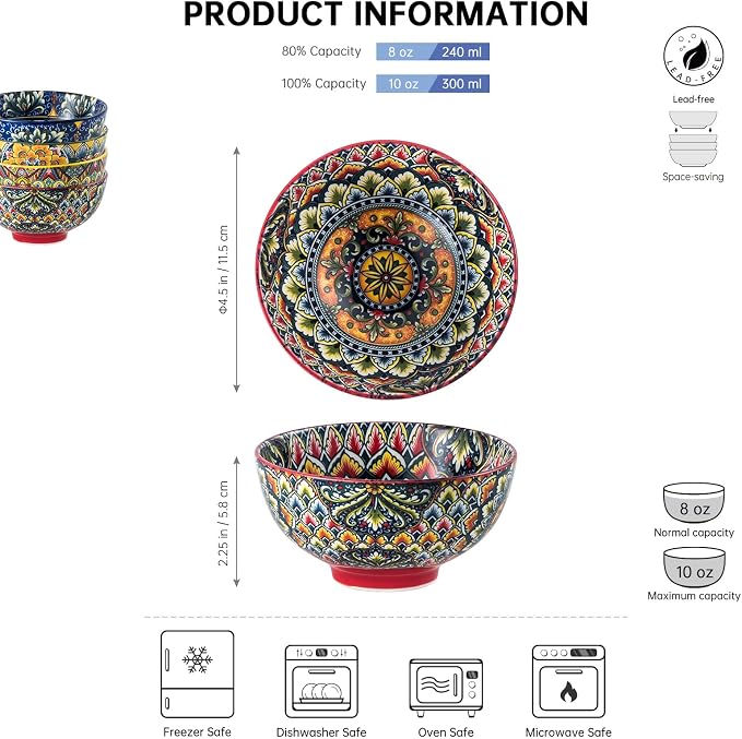 Henten Home Ceramic Dessert Bowls Set of 6, Bohemia 10 oz Snack Serving Bowl - Image 2