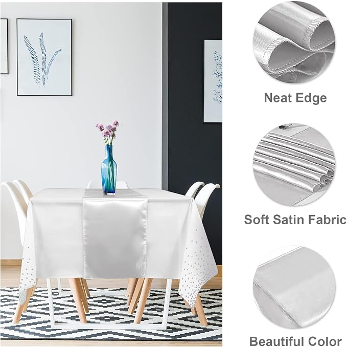 MASHAN 16Pack Disposable Plastic Tablecloths and Satin Table Runner Set White - Image 3