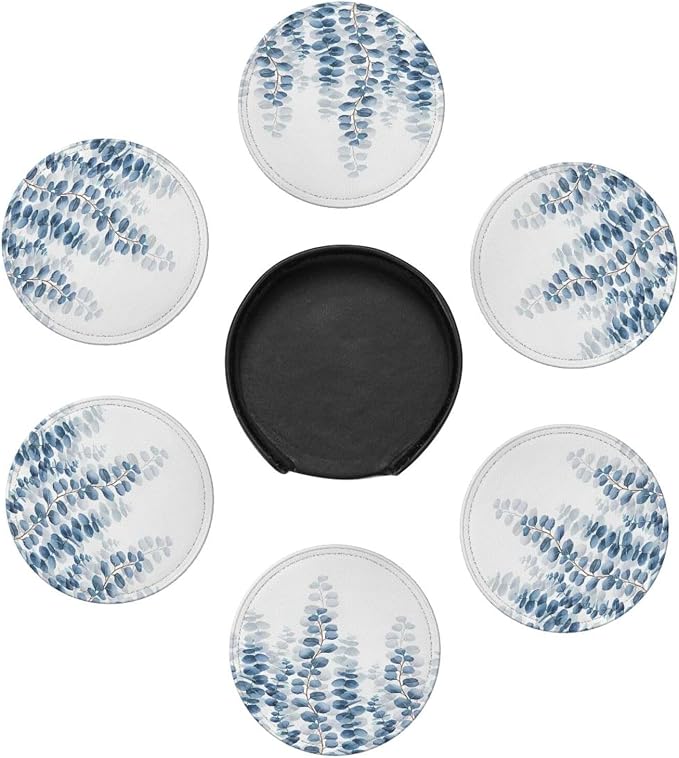 6 Pcs Eucalyptus Leaves Bath Mat Blue Leaf Plant Botanical Leather Coasters - Image 7