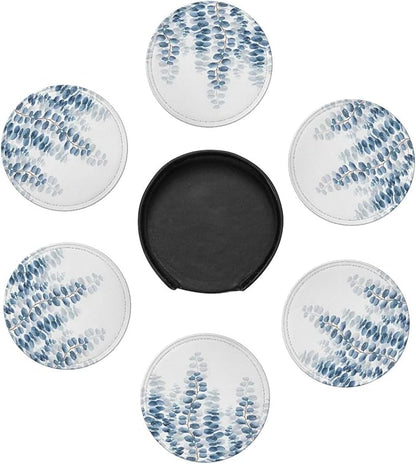 6 Pcs Eucalyptus Leaves Bath Mat Blue Leaf Plant Botanical Leather Coasters - Image 7