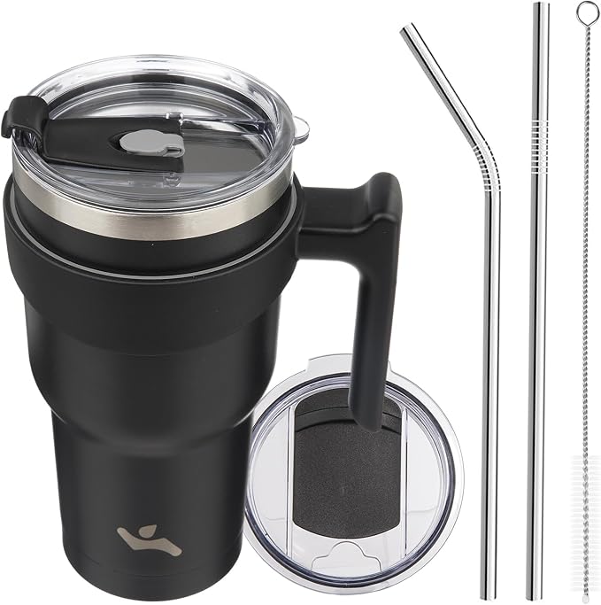 Konokyo 30 oz Tumbler with Handle and Straw, Insulated Travel Mug | Black; by Konokyo