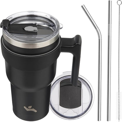 Konokyo 30 oz Tumbler with Handle and Straw, Insulated Travel Mug | Black; by Konokyo