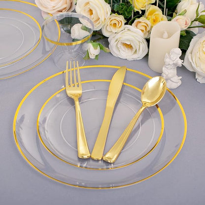 Rubtlamp 140Pcs Gold Plastic Plates, Clear Disposable Plates with Gold Trim, gold Dinnerware Include 20Dinner Plates,20Salad Plates, 20Cups,20Silverware With Pre Rolled Napkins