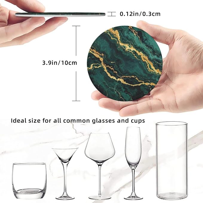 Drink Coasters with Holder Stand Set of 6, Emerald Green Gold Marble Pu Leather - Image 3
