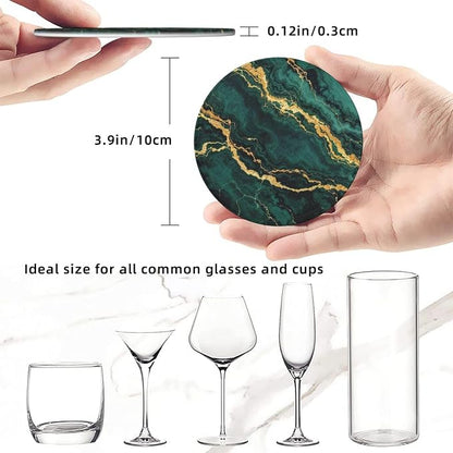 Drink Coasters with Holder Stand Set of 6, Emerald Green Gold Marble Pu Leather - Image 3