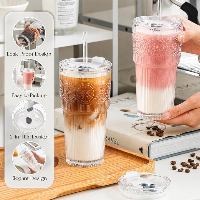 KEMORELA 20oz Ribbed&Floral Iced Coffee Cups - Image 4