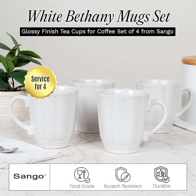 SANGO Bethany White Mugs Set of 4, 15 oz Stoneware White Coffee Mugs, Vibrant - Image 2