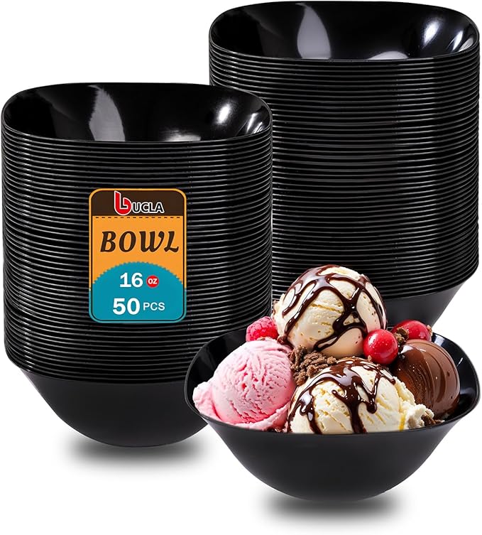 bUCLA 50 Pack Black Plastic Serving Bowls - 16oz Disposable Bowls by BUCLA