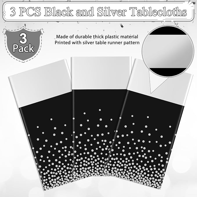3Pcs Black and Silver Tablecloth Party Decorations, Plastic Black Table Cloth - Image 4