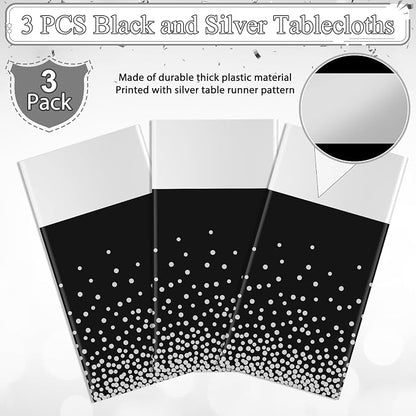 3Pcs Black and Silver Tablecloth Party Decorations, Plastic Black Table Cloth - Image 4
