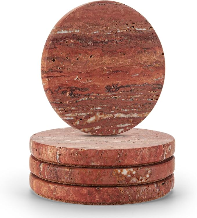Marble Coaster for Drinks 4" Diameter Set of 4 Round Travertine Coasters for by WORHE