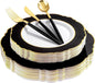 WDF 30Guest Black and Gold Plastic Plates - New Year Plates - Gold Plastic Silverware With Black Handle Baroque Black and Gold Disposable Dinnerware for New Year &Parties