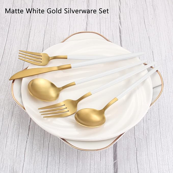 VANVRO Matte White Gold Silverware Set, 20-Piece Stainless Steel Flatware Set - Image 3