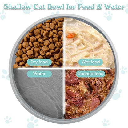 Silicone Cat Food Bowls Shallow Cat Dishes 5.9in Wide Pet Plates Set of 2 Small Flat Dog Saucer Bowl Cute Whisker Fatigue Kitten Feeding Dish for Dry & Wet Food (Round Grey)