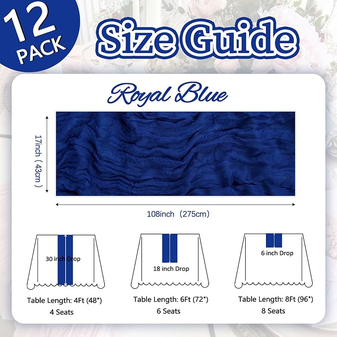 12 Pack Royal Blue Cheesecloth Table Runner 17 x 108 Inch | Boho Gauze Cheese - Image 2