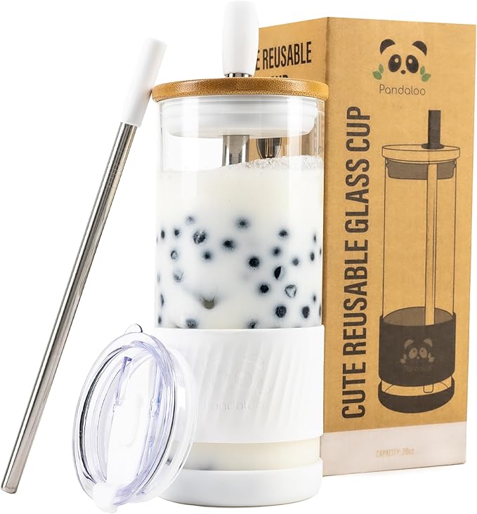 Pandaloo® Glass Cups With Lids and Straws -20 Fl Oz- Perfect Size Iced Coffee by Pandaloo