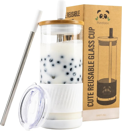 Pandaloo® Glass Cups With Lids and Straws -20 Fl Oz- Perfect Size Iced Coffee by Pandaloo