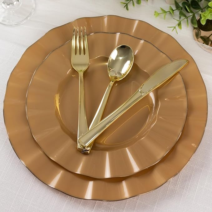 Efavormart 10 Pack | Gold 9" Round Plastic Dessert Salad Plates, Disposable - Image 9
