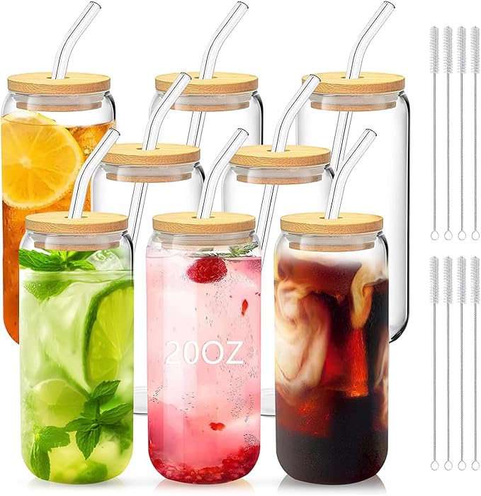 Glass Tumblers with Lids and Straws Set of 8 – 20oz Iced Coffee Tumblers by DAMCONME