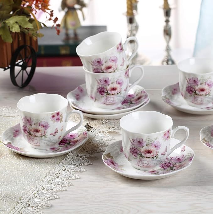 GuangYang 7 oz Porcelain Tea Cups and Saucers set of 6 - Image 6