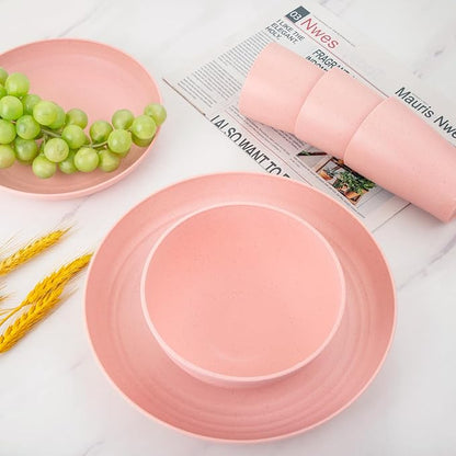 Supernal Pink Wheat Straw Dinnerware Sets,Unbreakable Dishes for 8, Plate and Bowls Sets, Reusable Plates, Dishwasher Safe Plates,Plastic Dinnerware Set, Pink Plastic Tableware