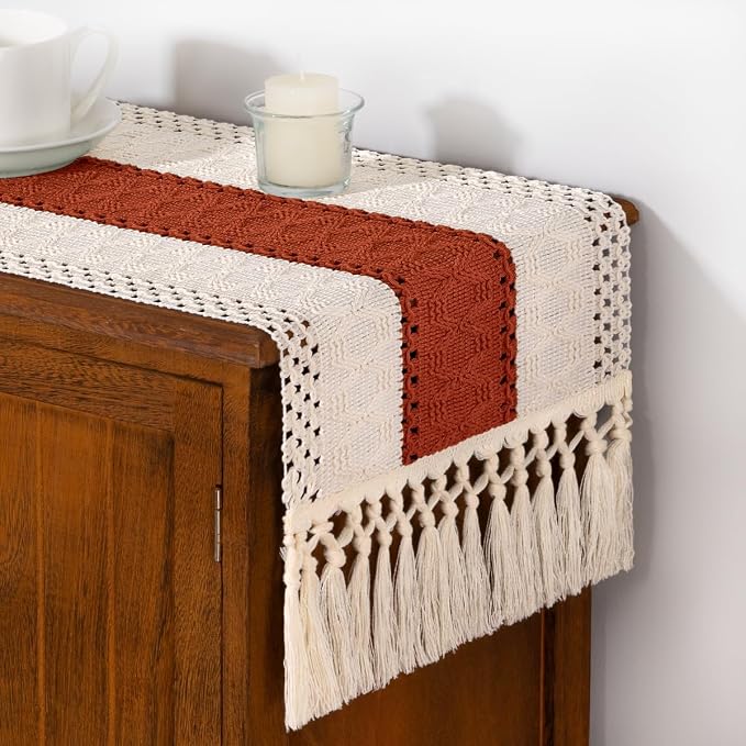DeZerlor Boho Macrame Table Runner Terracotta Spring Easter Farmhouse Woven - Image 4