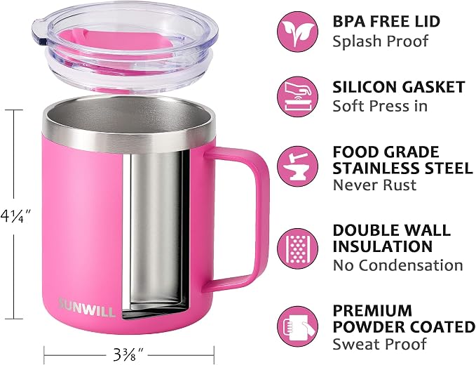 SUNWILL Insulated Coffee Mug, Stainless Steel 14 oz, Splash-Proof Lid | Keeps - Image 2