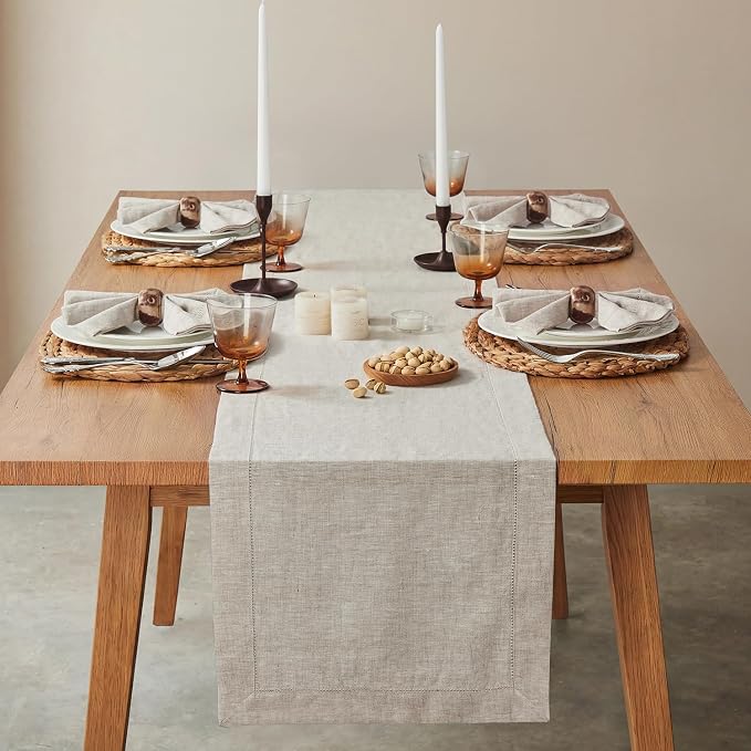 100% Pure French Linen Table Runner 108 Inches Long, Natural Hemstitch - Image 2