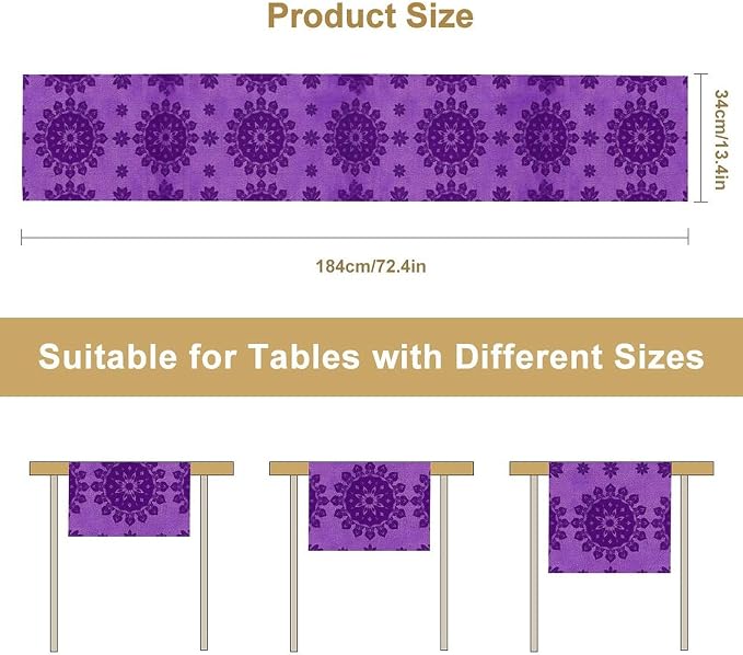YCness Abstract Flower Mandela Table Runner, Watercolor Purple Geometric Modern - Image 2