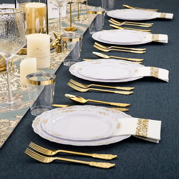 LIYH 350 Pcs Gold Plastic Dinnerware Set, 10 oz Cups - Image 7