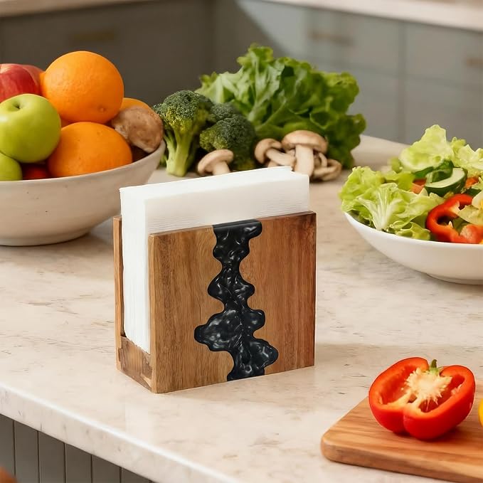 Artistic Napkin Holder, Acacia Wood and Blue Epoxy Resin - Image 3