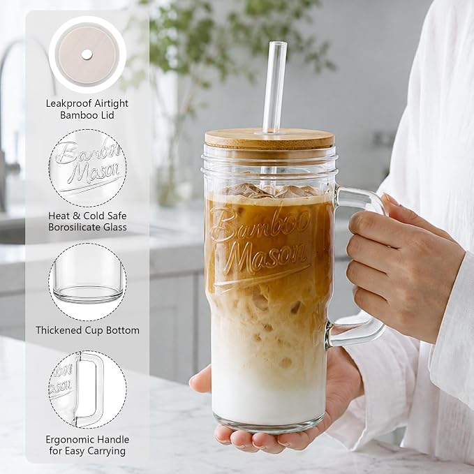 ANOTION Glass Cups with Lids and Straws - 24oz Tumbler with Handle Coffee Cups - Image 5