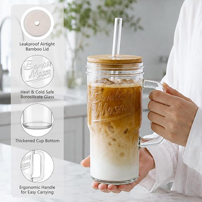 ANOTION Glass Cups with Lids and Straws - 24oz Tumbler with Handle Coffee Cups - Image 5