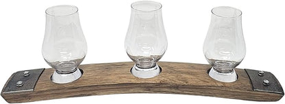 Barrel Stave Premium 3 Glass Whiskey Flight Serving Tray with Glencairn Glasses, Dark Walnut