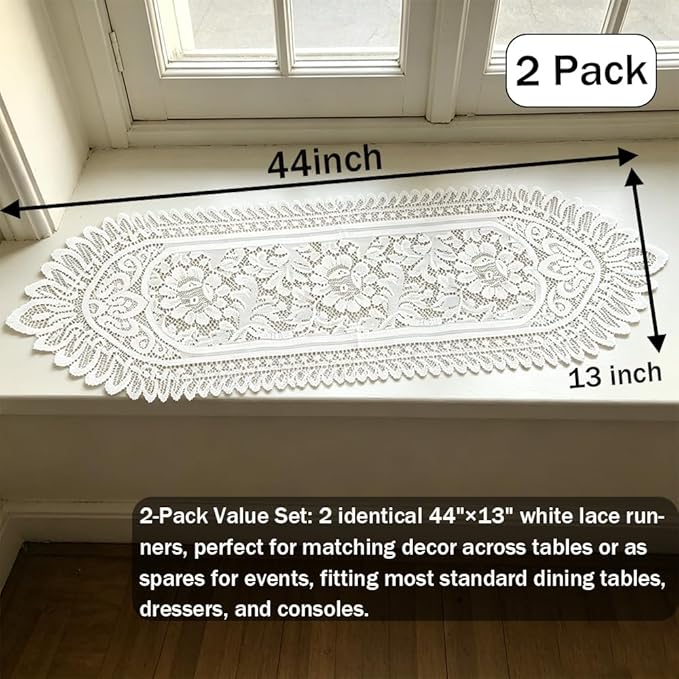 Tinsow 2 Pack Cotton Crochet Lace Rectangular Table Runner Dresser Scarf Doilies - Image 3