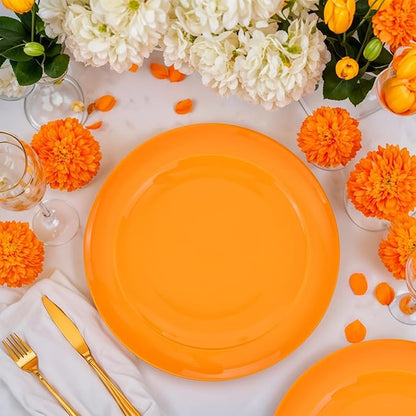PULOTE 100PCS Orange Plastic Plates - Premium Hard Orange Disposable Include 50 Each(10.25 Inch Dinner & 7.5 Inch Dessert) Plates, Ideal for Party