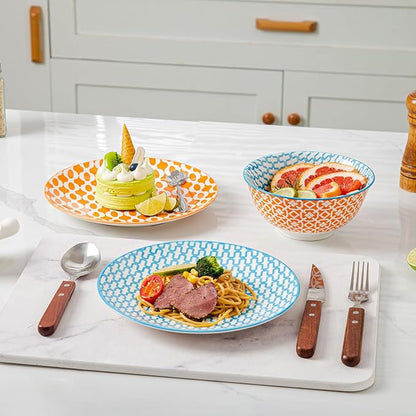Ceramic Salad Plates Set - 8.5 Inch Round Porcelain Dinner Dishes for Dessert Pasta Appetizer Sandwich - Scratch Resistant, Microwave Dishwasher Safe - Set of 6 - Assorted Colors