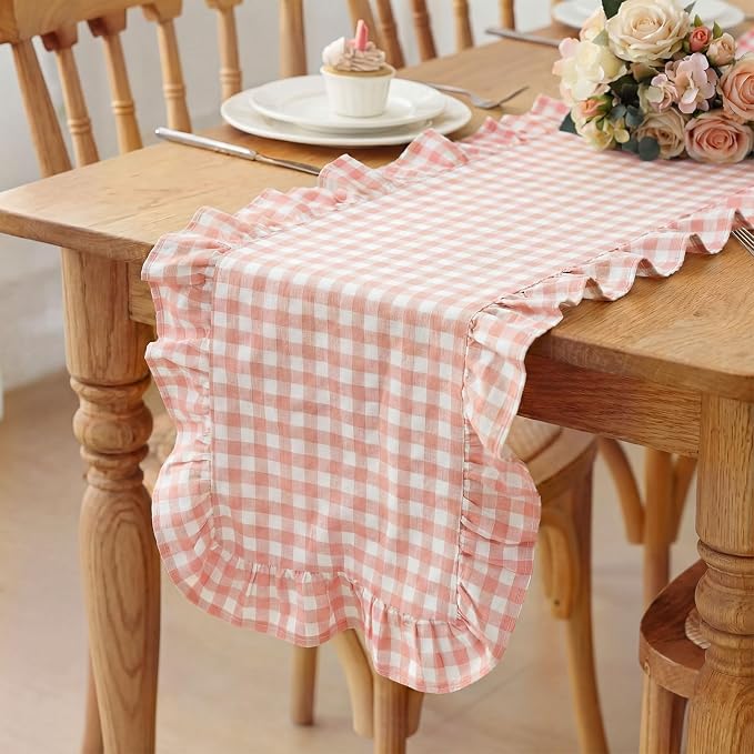 HunnmingRe 1 Pc Gingham Table Runner Light Pink, 118 X 13.8 Inch | Cotton by HunnmingRe