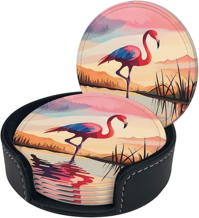 6 Pcs Pink Cute Flamingo Modern Art Boho Leather Coasters - Image 2