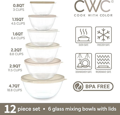 COOK WITH COLOR 12 Pc Glass Mixing Bowl Set with Lids – Borosilicate Glass Nesting Bowls for Cooking, Baking and Meal Prep, Brown